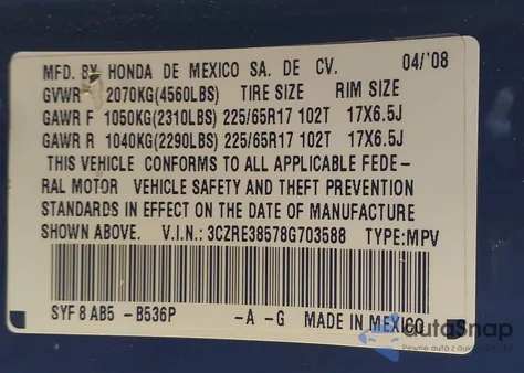 2008 Honda Cr-V Ex из США, поврежденный, VIN 3CZRE38578G703588